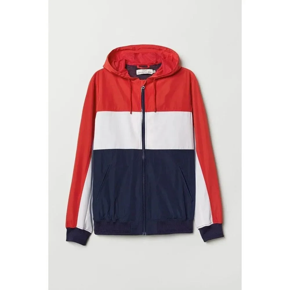 H M Vintage Nylon Bomber Jacket Shiny Silky Glanz Red White Blue Medium - Picture 3 of 8